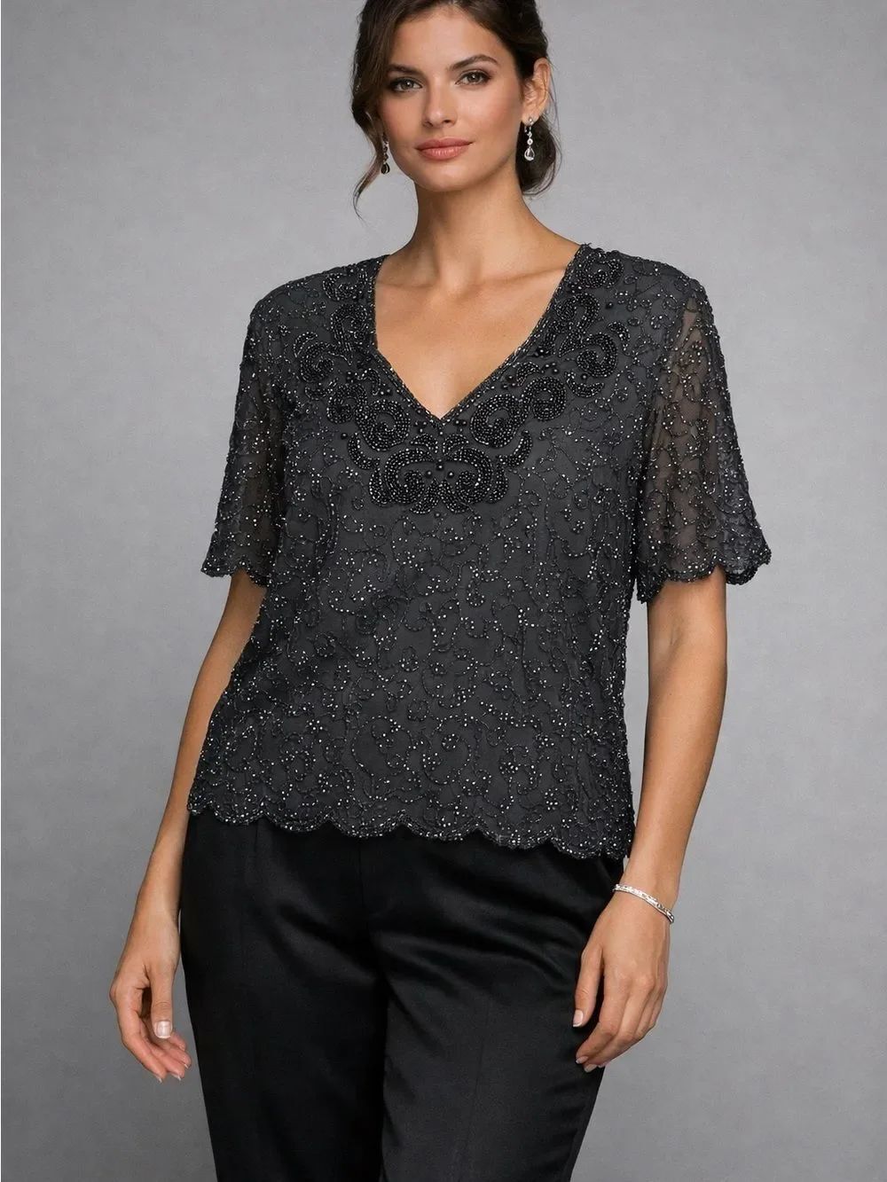 Vintage Stenay Black Beaded Silk Blouse Women’s XL Evening Glam Top